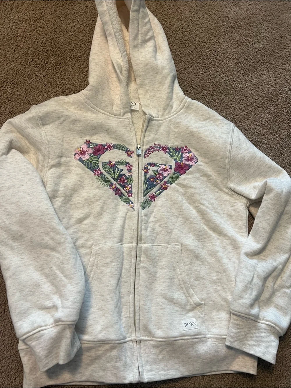 Roxy girls sz 14/16 Light Heather Gray Hoodie with Pink Floral Heart